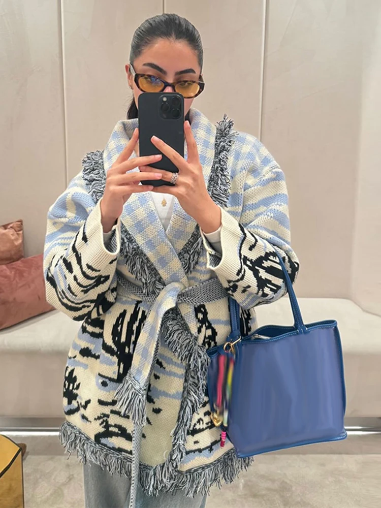 Tassel Fringe Trim - كارديجان نسائي مطبوع بشرّابات مع حزام،
